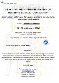 Le abilità del vivere nel sistema dei meridiani di Shizuto Masunaga - Apos FVG -“Evento Apos Approved”- Trieste 22/23 settembre 2018