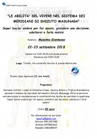 Le abilit&agrave; del vivere nel sistema dei meridiani di Shizuto Masunaga - Apos FVG -&ldquo;Evento Apos Approved&rdquo;- Trieste 22/23 settembre 2018