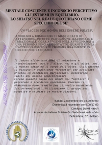 "Lo specchio del s&egrave;: mentale cosciente e inconscio percettivo, gli estremi in equilibrio. Lo shiatsu nel reale quotidiano come specchi"- Accademia Shiatsu Do sede Nazionale -&ldquo;Evento Apos Approved&rdquo;- Milano 2/3Novembre 2019
